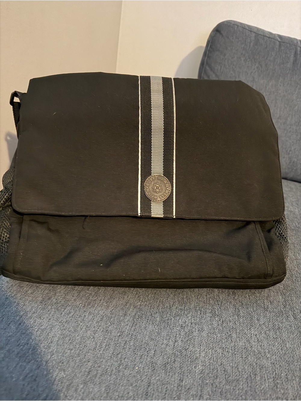Ruff Hewn Black Messenger Bag with White Center Stripe